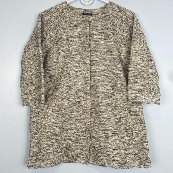 Eileen Fisher Ecru Tweed Round Neck Long Jacket 3/4 Sleeve Sz Large Minimalist - Picture 1 of 10